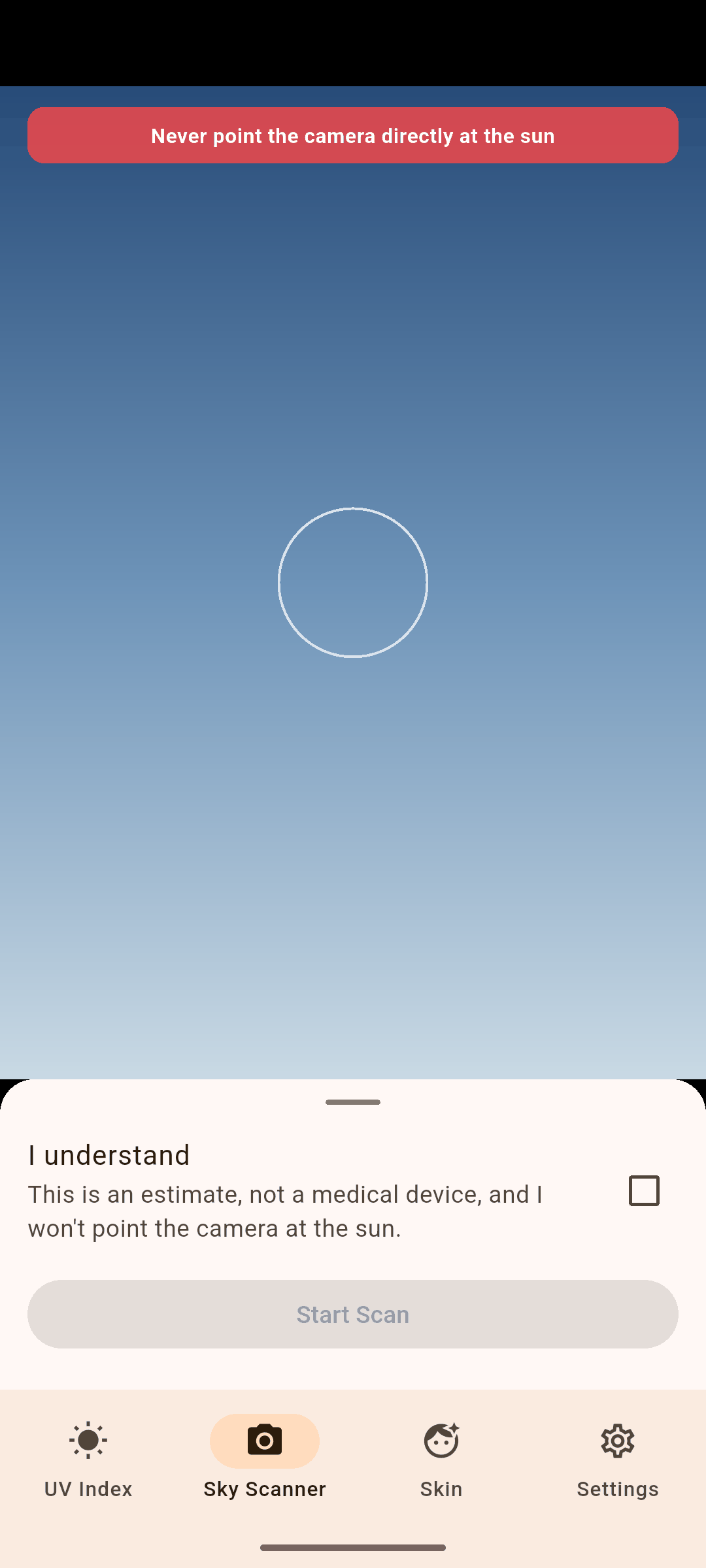 The Sky Scanner screen reading cloud cover
